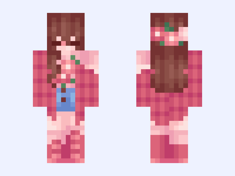 …✧･ﾟ:*April✧･ﾟ:* pink, jacket, plaid, girl, cute, aesthetic, femboy, flowers Minecraft skin, slim model, front and back view
