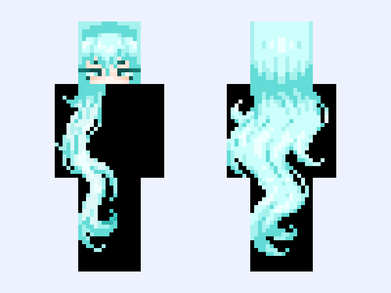 bright future // hair / base / cyan / girl / cute / kawaii / long / wavy / teal / turquoise / pastel / cool Minecraft skin, slim model, front and back view