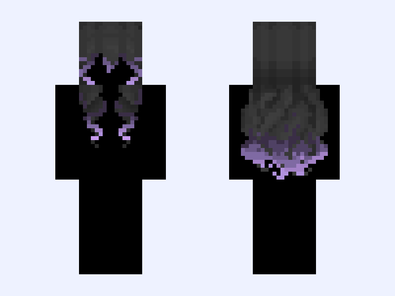 hair base ; black hair with dyed purple ends ; curly hair ; long val 💜 Minecraft skin, slim model, front and back view