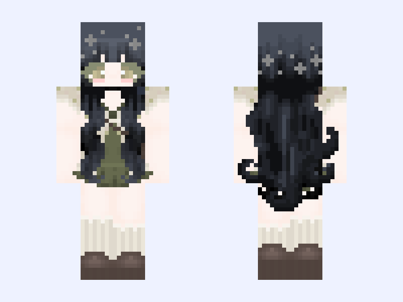 mixed and matched skin/green girl/stary hair Minecraft skin, slim model, front and back view