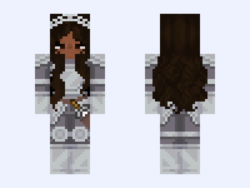 poc edit : ⟢ feminine knight girl armor silver cute brown Minecraft skin, slim model, front and back view