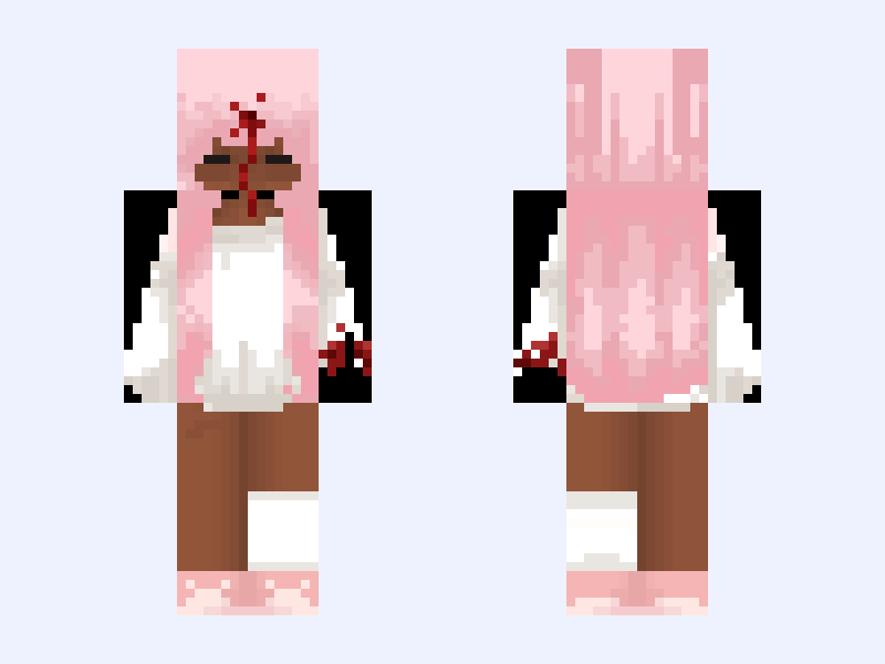 poc edit :: Pink cute girl blood bandage brown black dress Minecraft skin, slim model, front and back view
