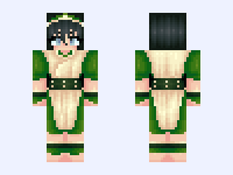 Toph Beifong Avatar / Earthbender / Earth Bender / Blind / ATLAS / Green Minecraft skin, slim model, front and back view
